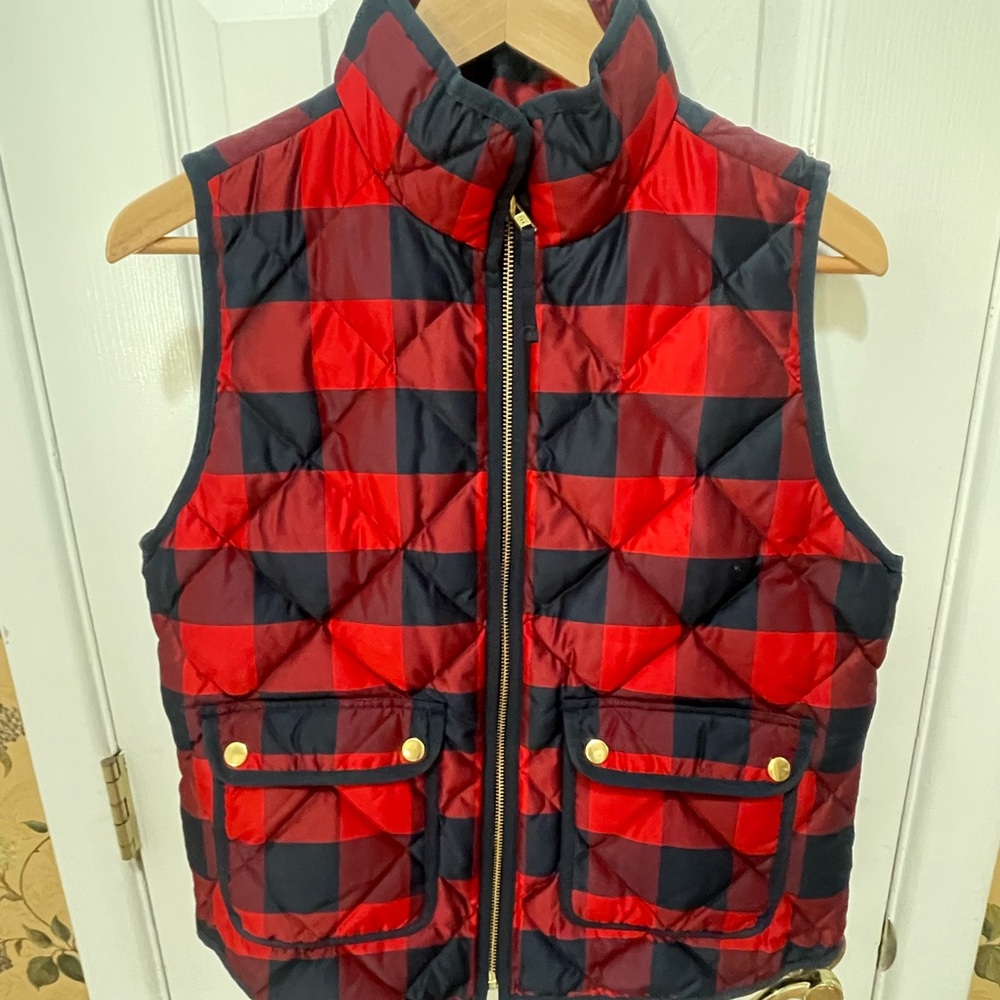 J. Crew  red and navy plaid down vest
